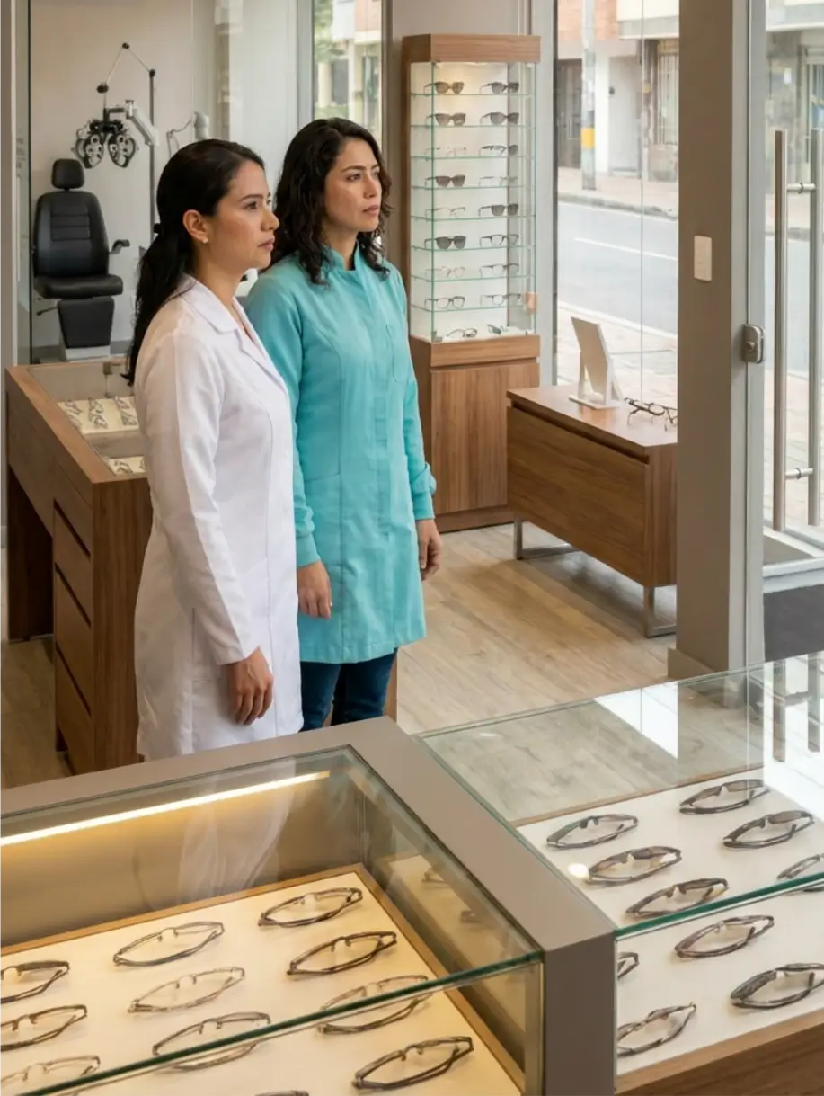 Óptica vacía sin pacientes con optómetra y vendedora esperando en el local, reflejando falta de captación de clientes
