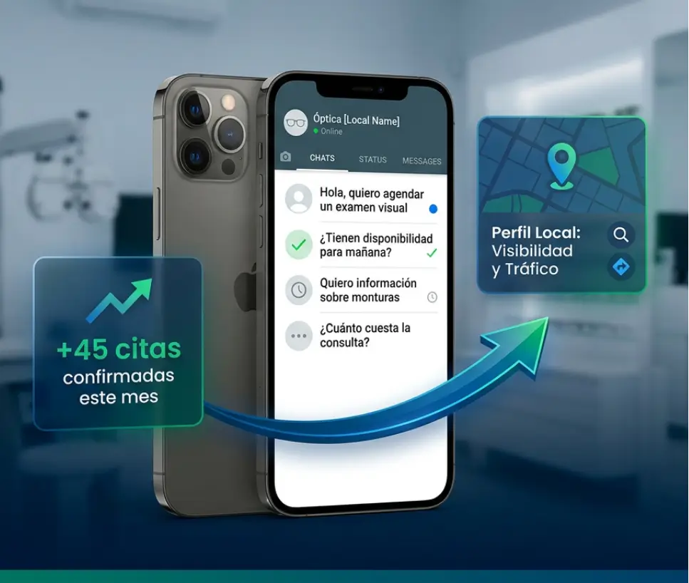 Smartphone mostrando mensajes de pacientes agendando citas por WhatsApp para una óptica, rodeado de métricas de crecimiento y éxito digital de M&P Digital.
