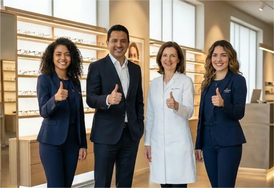 Equipo profesional de una óptica colombiana (administrador, optómetra y vendedoras) sonriendo y celebrando el éxito con el pulgar arriba en un consultorio moderno.
