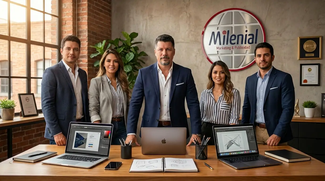 Uriel Briceño Camargo, CIO de Milenial M&P Digital, junto a su equipo de profesionales en una agencia de publicidad moderna y estratégica.